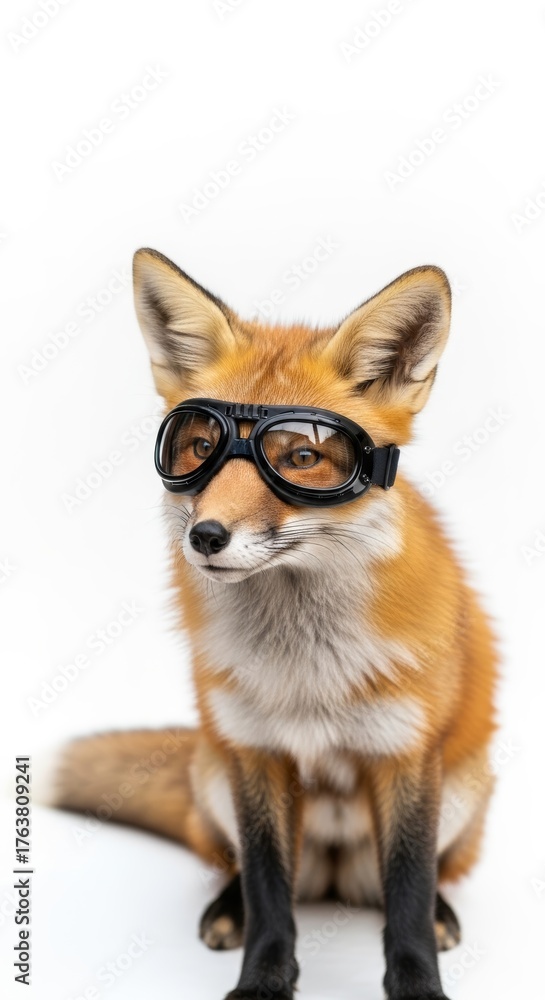 Fototapeta premium fox wearing goggles on it's head on a solid white background