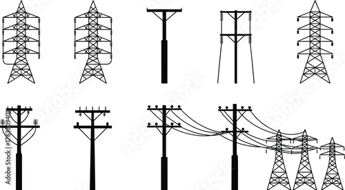 Electric power pole and transmission tower set, utility line vector illustration, high voltage energy structure collection, industrial electricity grid infrastructure design