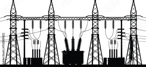 Electric power substation silhouette vector illustration, high voltage transmission tower design, industrial energy network infrastructure, electricity distribution station diagram