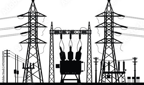 Electric power substation silhouette with high voltage transmission towers and transformers, industrial energy distribution system vector illustration, black and white design
