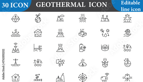 A comprehensive set of geothermal energy icons, ideal for illustrating sustainable power solutions. Each icon features a clean, editable line style for easy integration.