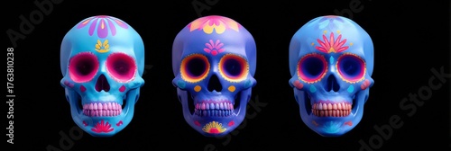Colorful sugar skulls illuminate vibrant Dia de los Muertos celebrations, merging ancestral reverence with psychedelic artistry in a mesmerizing visual symphony