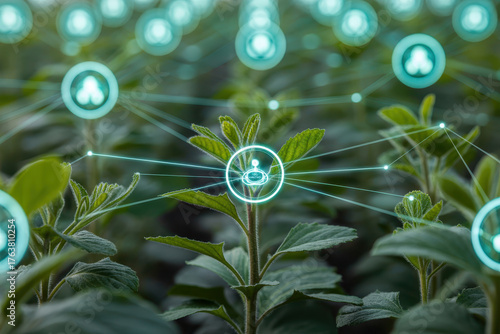 Wallpaper Mural Innovative technology enhances plant growth with embedded sensors in lush green field. This close up showcases integration of nature and technology, promoting sustainable agriculture Torontodigital.ca