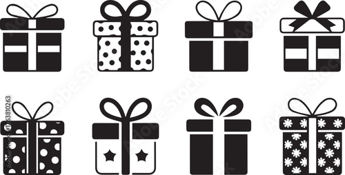 Collection of Black and White Gift Box Icons with Ribbons and Pattern Variations