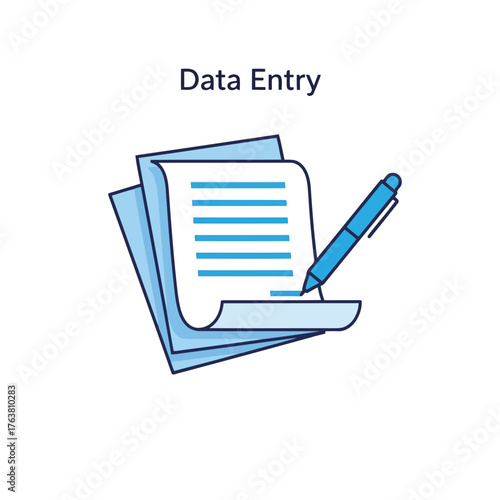 Vector illustration of data entry illustration featuring a stack of papers and a pen, representing the process of inputting information into a system