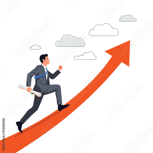 Businessman running up an upward trending arrow