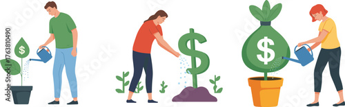 Financial growth concept, investment stages, money plant, dollar sign leaves, economic success, nurturing wealth, business development, financial planning, prosperity metaphor, teamwork illustration