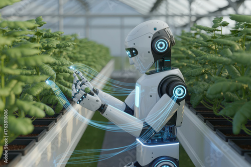 Wallpaper Mural Sleek agricultural robot with advanced technology tending to plants in greenhouse, showcasing innovation in farming and automation. robot interacts with crops efficiently Torontodigital.ca