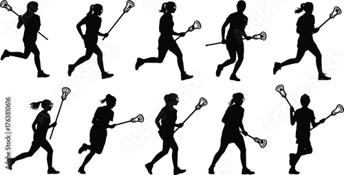 Female lacrosse player silhouette collection, women athlete running and playing lacrosse, sports action poses vector illustration for team game and fitness concept