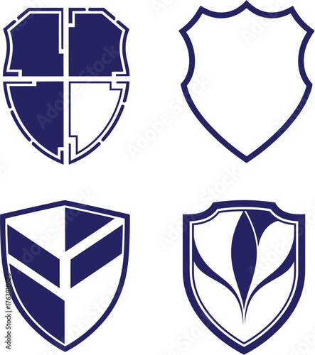 Set of four navy blue shield icons with different graphic designs, representing protection and security