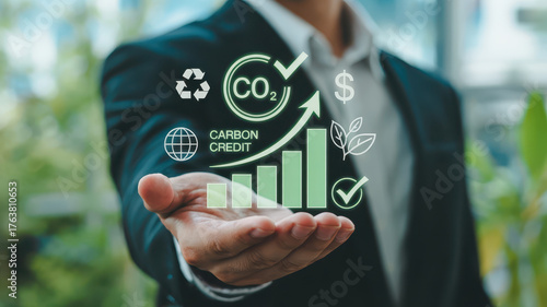 Wallpaper Mural Professional suit holds out hand displaying futuristic business visuals related to carbon credits, sustainability, and financial growth. image conveys sense of innovation and environmental Torontodigital.ca