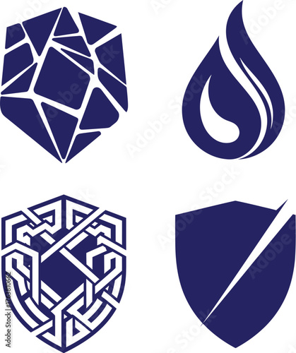 Four abstract design elements in dark blue, including a cracked geometric shape and shield icons