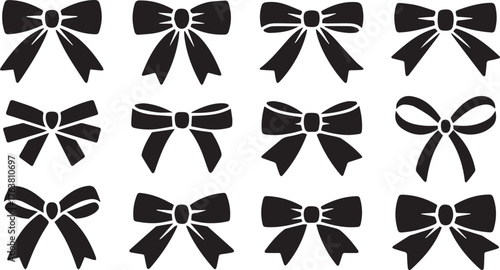 Collection of Twelve Black Bow Designs, Gift Wrap Decorations, Ribbon Silhouettes on White
