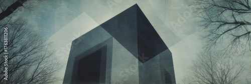 Sombre monolithic structure towers amid skeletal trees, evoking winter solstice's mystery and Digital Detox Day's reflective solitude