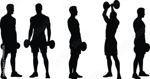 Fitness training silhouette vector illustration, muscular men lifting dumbbells, gym workout poses, bodybuilding exercise graphic, strength training concept art design