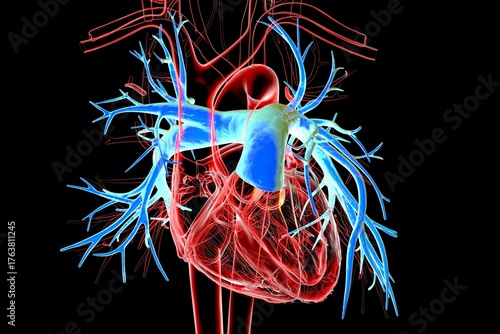 Pulmonary trunk highlighted in blue, 3D illustration