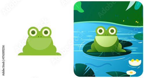 Cute green frog illustration – flat cartoon frog sitting on lily pad in pond, nature wildlife vector background.