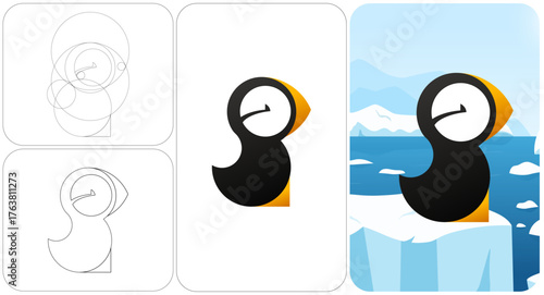 Modern geometric puffin logo – abstract seabird illustration with black and orange design, arctic wildlife vector concept.