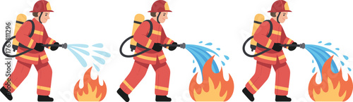 Firefighter cartoon illustration, fire safety action, hose spraying water, flame control, emergency response, protective gear, rescue scene, firefighting stages, safety awareness, hero concept