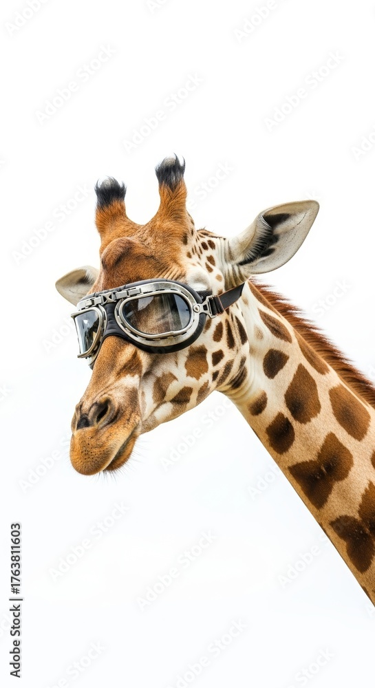 Obraz premium giraffe wearing goggles on it's head on a solid white background