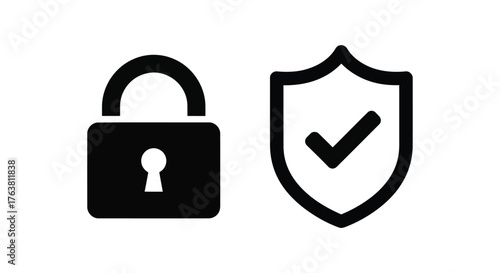 Vector illustration of security icon features a padlock and shield with a checkmark, symbolizing protection, safety, and secure access