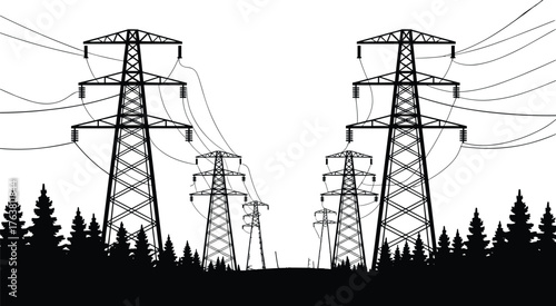 High voltage power transmission towers silhouette, electric pylons in forest landscape, electricity distribution network illustration, energy infrastructure vector art design