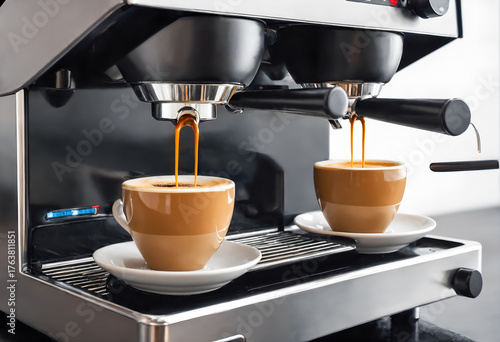 Coffee machine preparing fresh drink and pouring into cups.