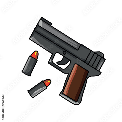 Isolated black handgun and 9mm bullets for security and protection