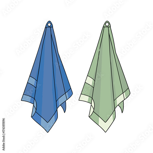 Fresh Linens: Clean and vibrant towels in blue and green, perfectly folded and hanging, exuding freshness and cleanliness. 