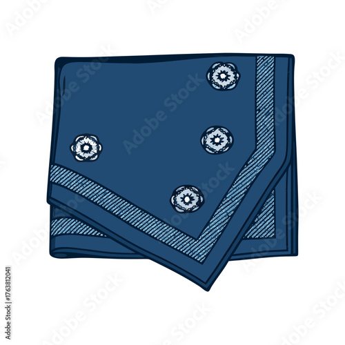 Folded blue handkerchief illustration with decorative floral patterns, clean vector design, isolated on white background, perfect for textile and fabric mockups Adobe Illustrator Artwork