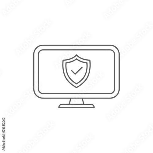 Vector illustration of computer security icon monitor with shield and checkmark as symbol of protection, safety, privacy, and confidentiality