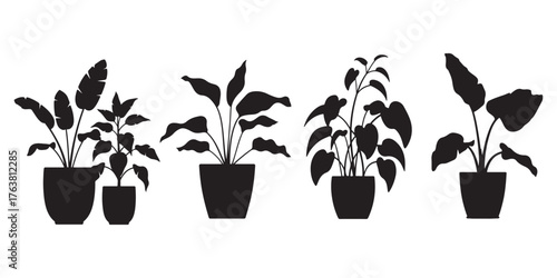 Silhouettes of indoor plants in pots creating a modern decorative pattern