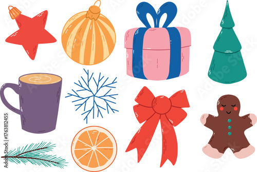 Colorful Holiday Christmas Vector Set Featuring Ornament, Gift Box, Tree, Mug, Snowflake, Bow, Gingerbread Man. Whimsical holiday doodles ideal for festive projects. Includes ornaments, gift. Vector i
