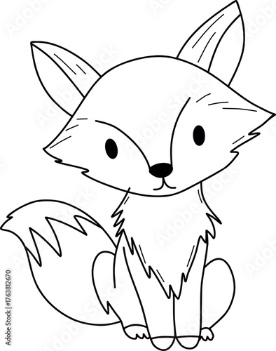 A vector children coloring page with fox drawn in soft friendly outlines, minimal composition, large clear spaces for coloring, perfect for kids print materials. Vector illustration