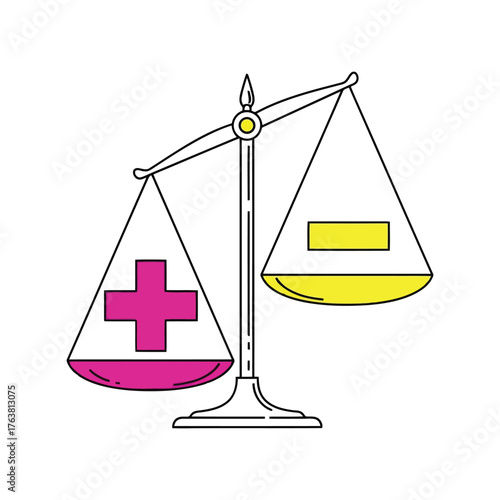 Conceptual balance scale showing medical plus sign against minus symbol represents health pros cons vector