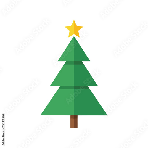 Stylized green christmas tree with yellow star topper minimalist holiday icon festive season celebration vector