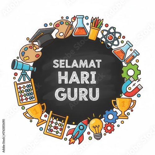 Celebrating Indonesian Teacher's Day with a vibrant chalk art illustration on a blackboard, surrounded by diverse educational and creative symbols