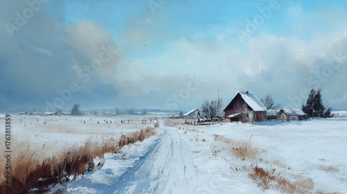 snowy village road winter landscape painting