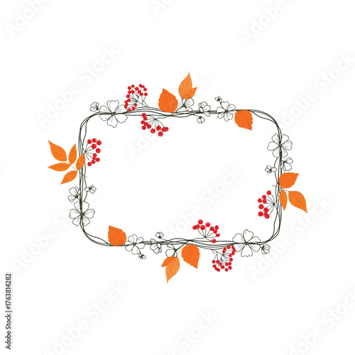Autumn leaves berries branch decorative frame border seasonal design element vector