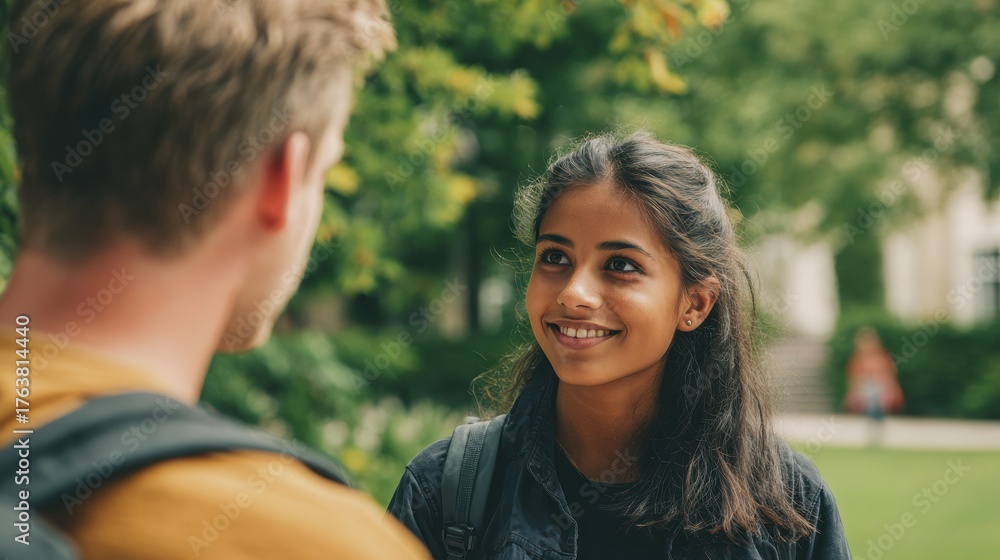 Fototapeta premium Indian woman conversing with white male student outside on university grounds