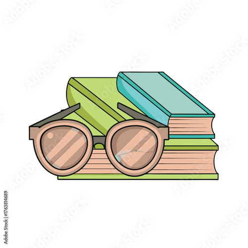A stack of old books and spectacles symbolizes knowledge and learning in a library