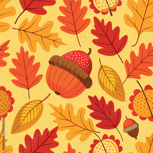 Autumn pattern with colorful leaves and acorns on a warm background