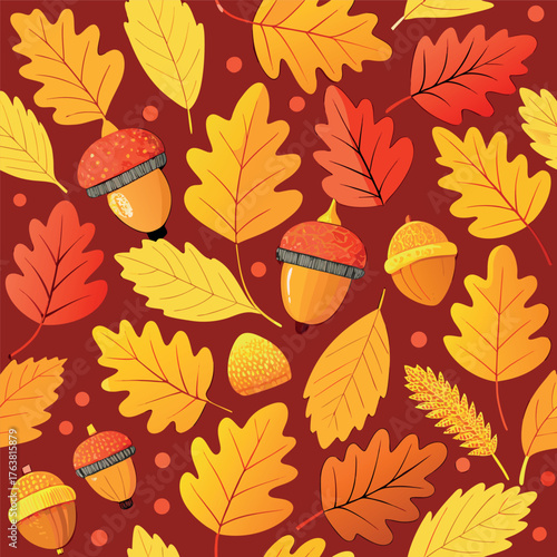 Autumn pattern with colorful leaves and acorns on a warm background