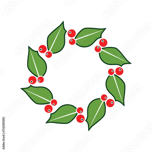 Christmas wreath festive holly berries green leaves circle decoration winter holiday season vector