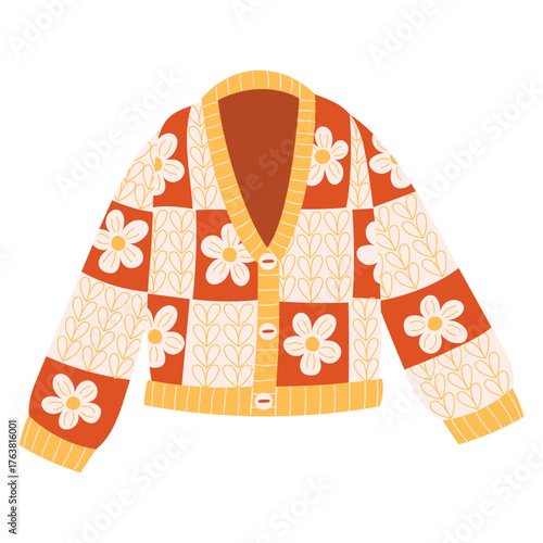 Checkered knitted autumn cardigan with floral pattern and large decorative daisy flowers