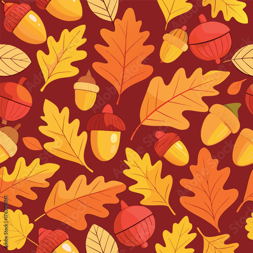 Autumn pattern with colorful leaves and acorns on a warm background