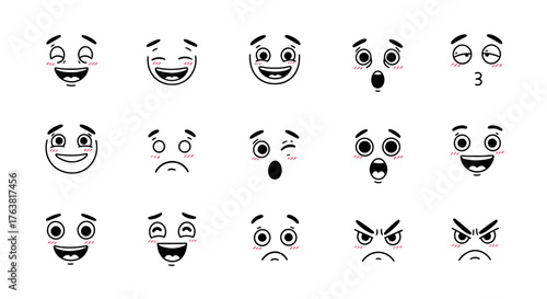 Set of cartoon face expressions with simple line art style