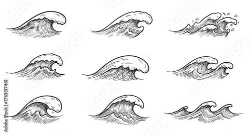 Hand drawn ocean waves set: vintage sketch style collection