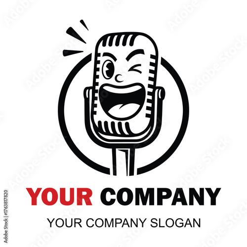 Vector art of cartoon microphone logo with a winking face