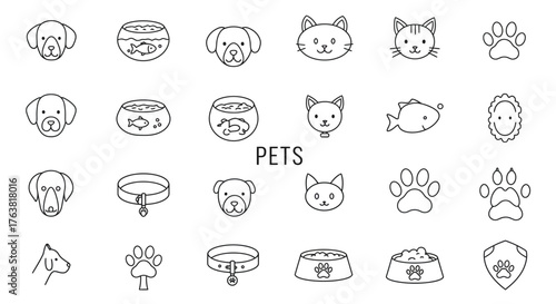 Simple line art of pets and accessories featuring cats, dogs, and fish
